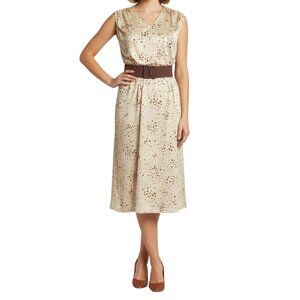 Vintage 70s 80s Geometric Midi Dress | Tan & Rust Earth Tones | Retro Secretary